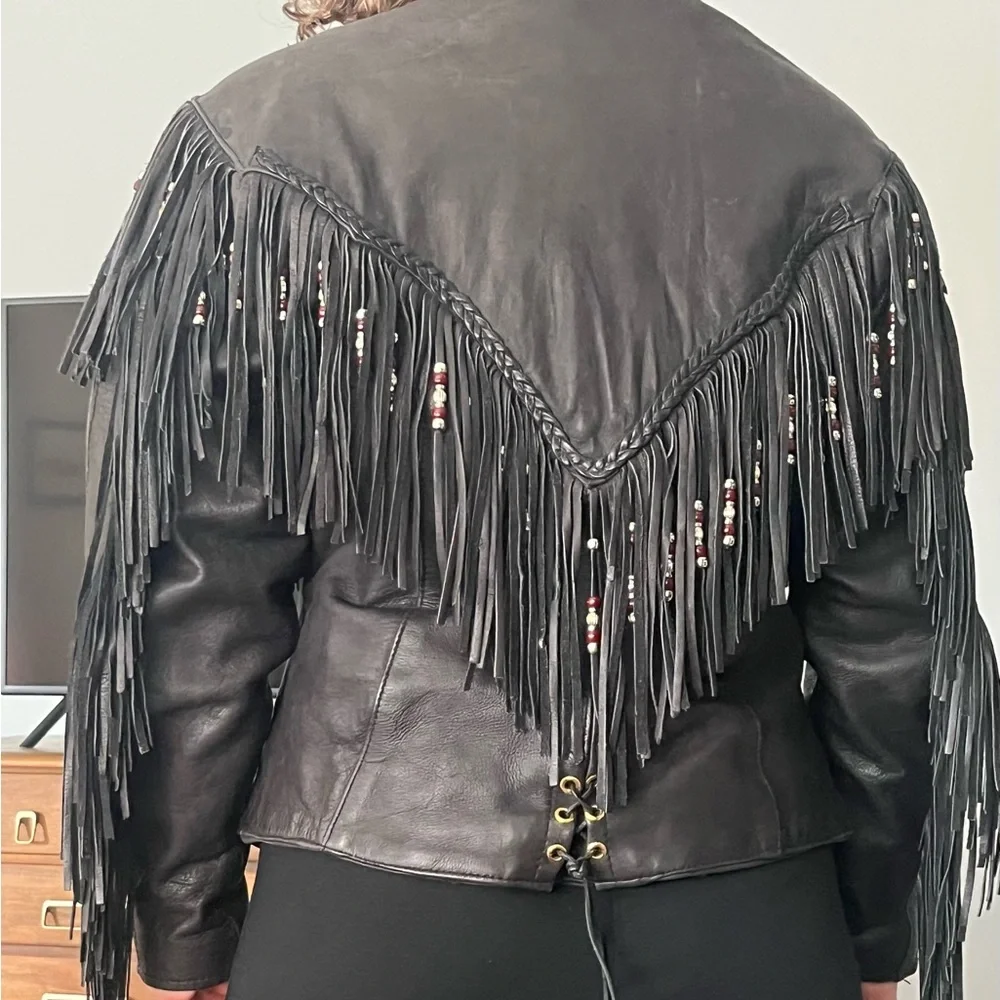 Black Fringe Leather Jacket - Picture 7 of 8